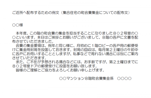 集合住宅の町会費集金についての配布文例（Word・ワード）